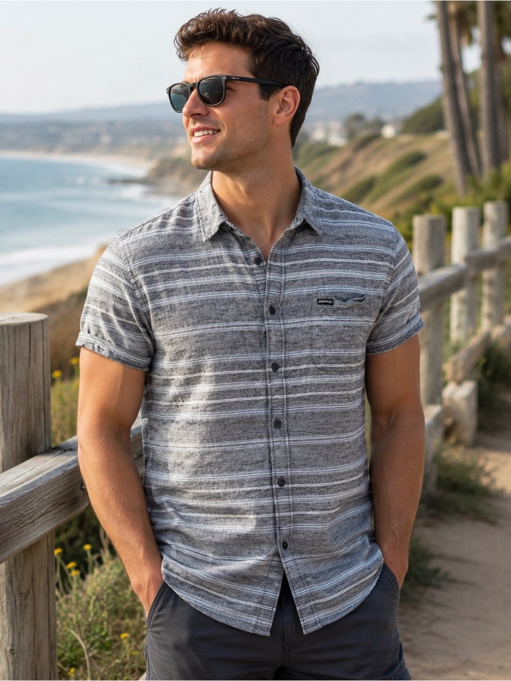 Aeropostale Men’s Gray Striped Short Sleeve Button Down Shirt Size M